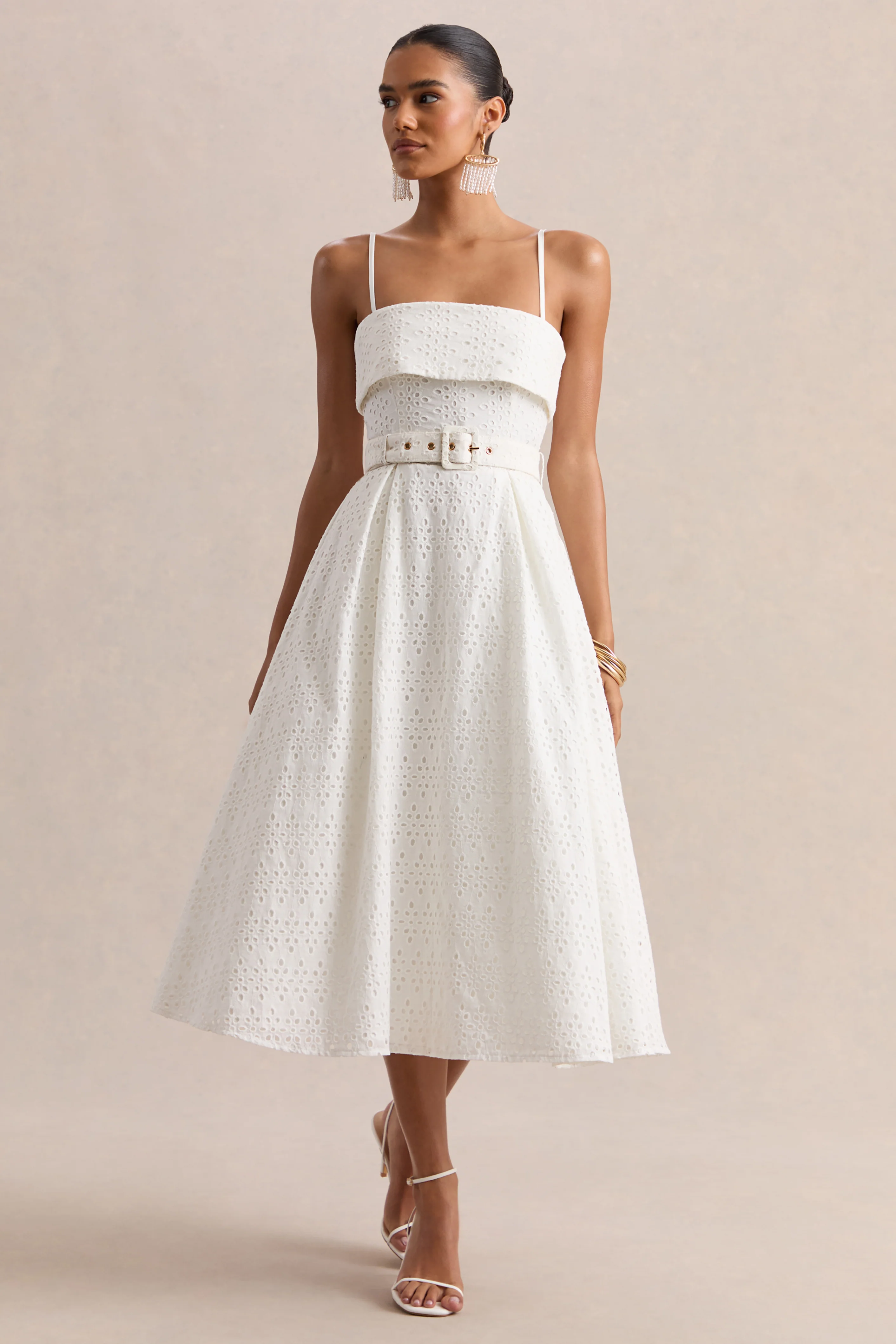 Zoeva | Cream Broderie Square-Neck Belted Midi Dress - Image 4