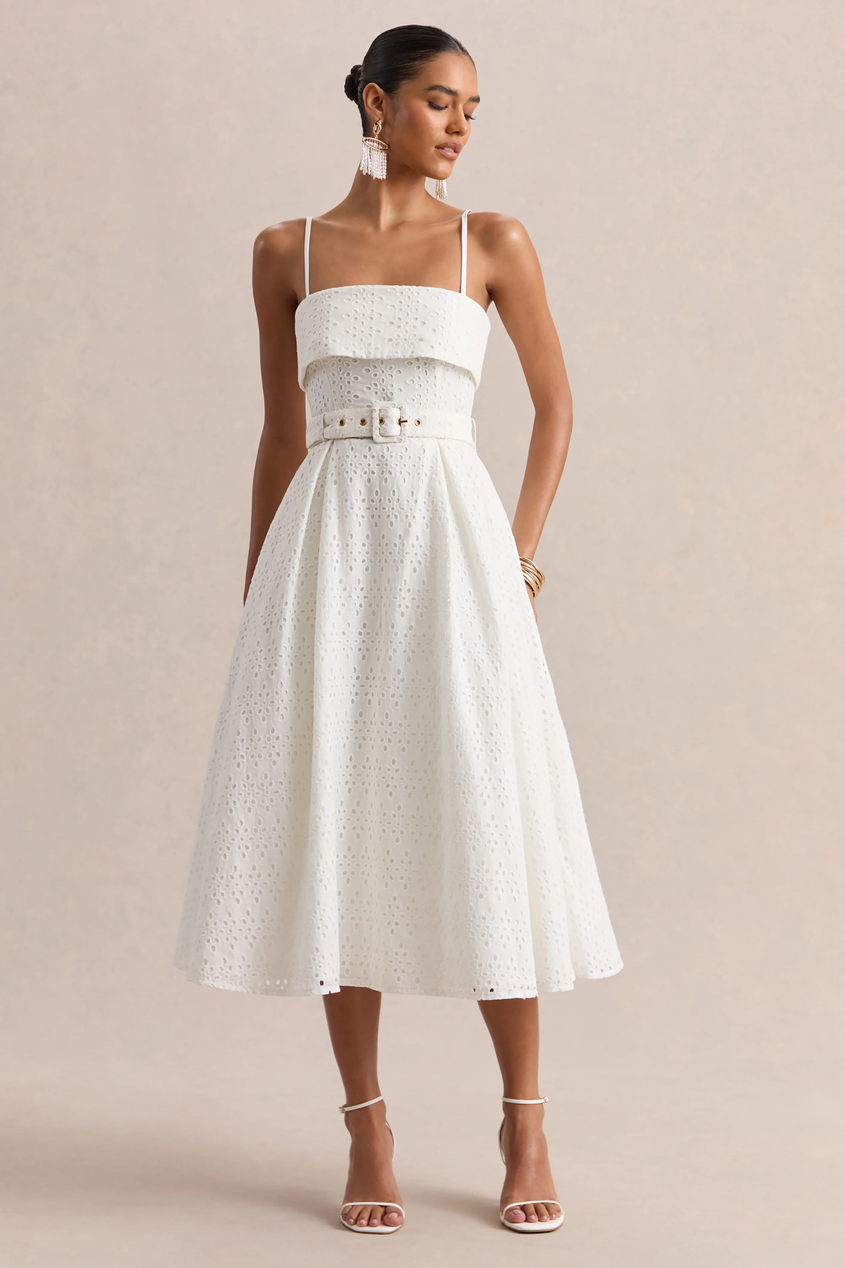 Zoeva | Cream Broderie Square-Neck Belted Midi Dress - Image 5